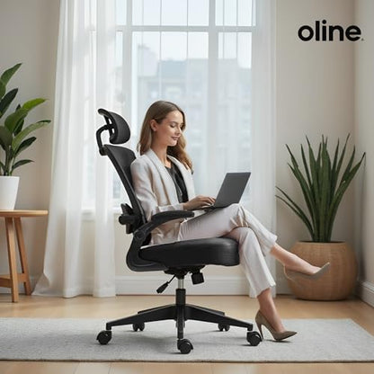 Oline ErgoAir Ergonomic Office Chair – Adjustable Lumbar Support, Flip-Up Armrests, Mesh Computer Desk Chair, Swivel Rolling Executive Gaming Chair for Home & Office (Black) - color: Black
