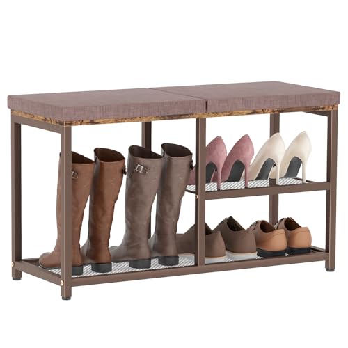 Shoe Rack Bench for Entryway 3-Tier, Free Standing Shoe Racks with Seat Cushion, Narrow Shoe Storage Shelf with Boot Organizer, Shoe Rack for Small Spacesh with Wood Bench (Brown+Brown) - color: Brown+brown, size: 3 Tier with Seat