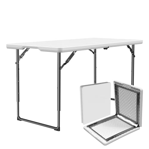 Folding Table 4ft - Heavy Duty Fold-in-Half Plastic Table with Adjustable Height, Portable Utility Tables with Steel Legs for Indoor, Outdoor, Picnic, Camping, Dining, Party (White) - color: White, size: 4FT