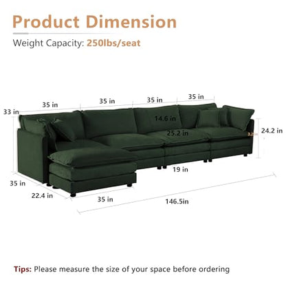 Modular Sectional Sofa, 146.5 Inch L Shaped Couch Set for Living Room, 4-Seater Comfy Cloud Couches with Movable Ottoman, DIY Combination, Chenille, Evergreen - color: Evergreen, size: 146.5 Inch- L
