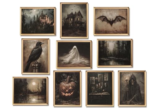 Creepy Halloween Wall Art Posters Prints Set of 10 – Unframed Vintage Witchy Gothic Canvas Picture, Dark Aesthetic Halloween Ghost Wall Decor for Living Room Bedroom Gallery 8x10 inch - color: Dark Halloween 10-Pack, size: 10L" x 8W"