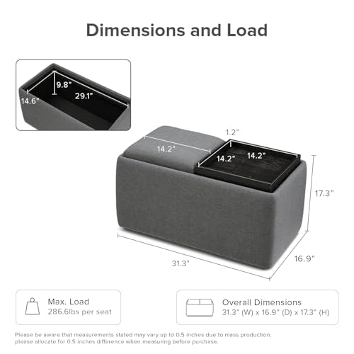 mopio Levi Storage Bench with Reversible Tray, Modern Storage Coffee Table, Bedroom Bench, Rectangular Cube Upholstered Coffee Table Ottoman for Living Room, Bedroom, Entryway (Fabric, Dark Gray) - color: Dark Gray Fabric, Rect.