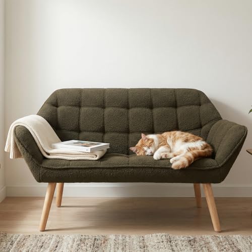 48" Small Loveseat Sofa, Modern Sherpa Mini Sofa Couch 2-Seater Fluffy Love Seat with Quilting Backs and Wood Legs for Living Room, Bedroom and Small Space, Green - color: Green