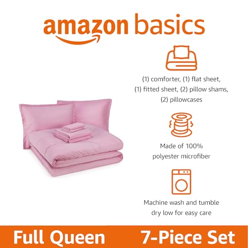 Amazon Basics 7-Piece Soft Microfiber Kid's Bed-in-a-Bag Bedding Set, Full/Queen, Pink, Solid - color: Pink, size: Full/Queen