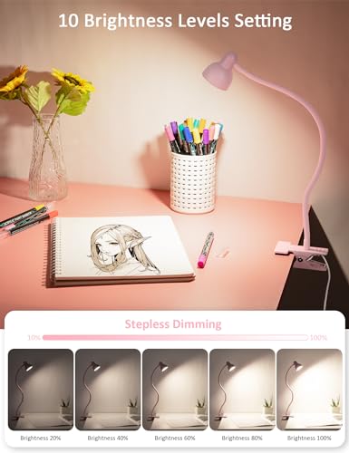 LiFMIRA Pink Small Desk Lamp Clip on LED Reading Light for Bed | 3 Color Modes 10 Dimmable Brightness, Book in Bed Headboard, Flexible Reading Lamp with Clamp BL08 - color: Pink