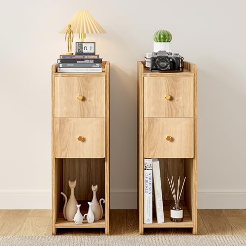 Narrow Nightstand Set of 2, Wooden Small 2 Drawer Nightstand, Slim Side End Table, Skinny Bedside Table, Mid Century Modern Night Stand with Drawers for Bedroom (Natural-2 pcs) - color: Natural-2 Pcs