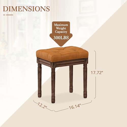 LUE BONA Upholstered Fabric Vanity Bench Seat, Makeup Stools for Vanity, Square Tufted Ottoman Bench with Carved Dark Brown Color Legs for Bedroom Living Room, Whiskey Brown - color: Whiskey Brown and Dark Brown