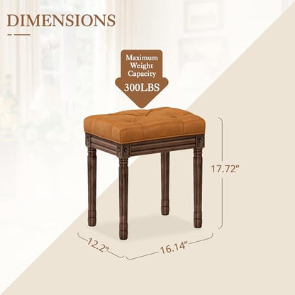 LUE BONA Upholstered Fabric Vanity Bench Seat, Makeup Stools for Vanity, Square Tufted Ottoman Bench with Carved Dark Brown Color Legs for Bedroom Living Room, Whiskey Brown - color: Whiskey Brown and Dark Brown