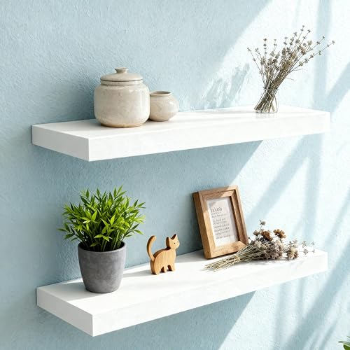Floating Shelves for Wall(Set of 2)-24 Inch White Wood Wall Shelf with Invisible Brackets for Bathroom,Bedroom,Drawingroom,Kitchen for Decor(White,2pcs) - color: White, size: 7.8"D x 24"W x 1.73"H