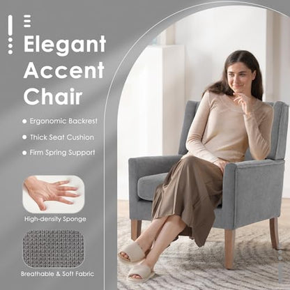COLAMY Modern Wingback Living Room Chair, Upholstered Fabric Accent Armchair, Single Sofa Chair with Lounge Seat and Wood Legs for Bedroom/Office/Reading Spaces, Gery - color: Grey, size: Set of 1