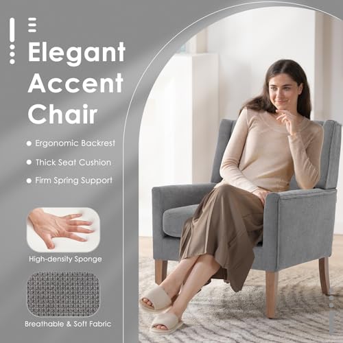 COLAMY Modern Wingback Living Room Chair Set of 2, Upholstered Fabric Accent Armchair, Single Sofa Chair with Lounge Seat and Wood Legs for Bedroom/Office/Reading Spaces, Gery - color: Grey, size: Set of 2