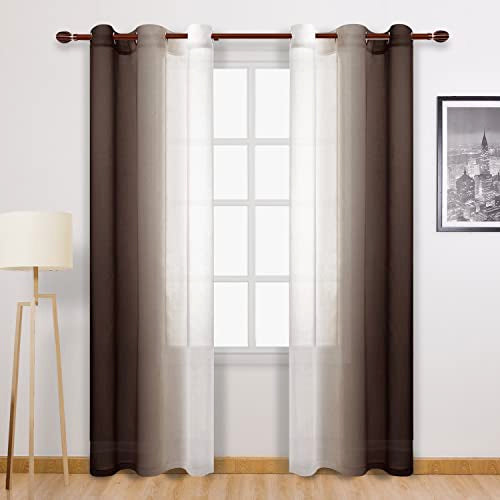 DWCN Brown Faux Linen Ombre Sheer Curtains - Gradient Semi Voile Curtains for Bedroom and Living Room, Set of 2 Grommet Top Window Curtain Panels, 42 x 84 Inches Long, Chocolate Brown - color: Chocolate Brown, size: 42"W x 84"L (Pack of 2)