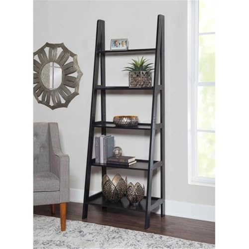 Riverbay Furniture 5-Shelf Ladder Bookshelf, 72 in Tall Rubberwood and Particleboard, Black Finish, Open Back Design, Space-Saving Transitional Style for Home Office, Living Room, Entryway or - color: Black