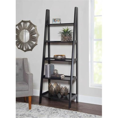 Riverbay Furniture 5-Shelf Ladder Bookshelf, 72 in Tall Rubberwood and Particleboard, Black Finish, Open Back Design, Space-Saving Transitional Style for Home Office, Living Room, Entryway or - color: Black