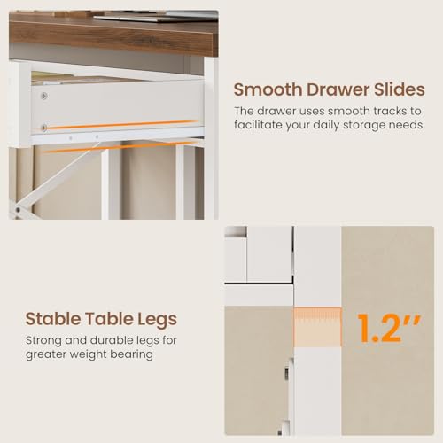 SEDETA Farmhouse Small Desk with Drawers, 40" Computer Desk with Storage Shelves, White Writing Desk for Small Space and Power Outlet, Desk for Bedroom, Home Office - color: White