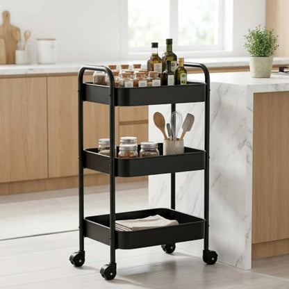 3-Tier Metal Rolling Cart with Smooth Casters, Lightweight Storage Utility Cart Mobile Organizer Rack, Multi-Purpose Basket Shelf for Kitchen, Bathroom, Closet, Pantry-Black - color: Black