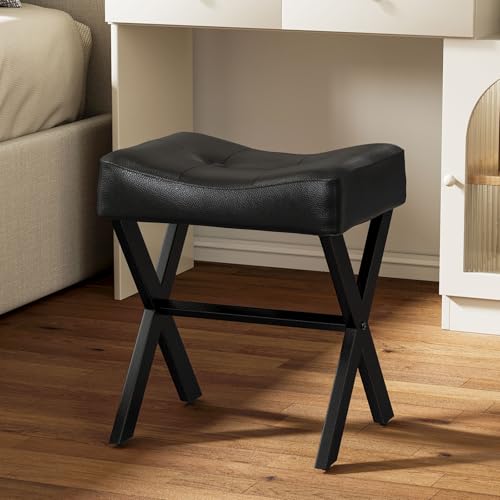 18-Inch Leather Vanity Stool Chair, Black | Vanity Bench, Metal X-Leg, Ottoman Accent Stool, Thick Padded Saddle Seat, 300 LBS, 16.3"x12.4"x18", For Living Room, Bedroom - size: Small, style: Black Leather