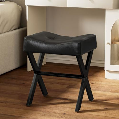 18-Inch Leather Vanity Stool Chair, Black | Vanity Bench, Metal X-Leg, Ottoman Accent Stool, Thick Padded Saddle Seat, 300 LBS, 16.3"x12.4"x18", For Living Room, Bedroom - size: Small, style: Black Leather