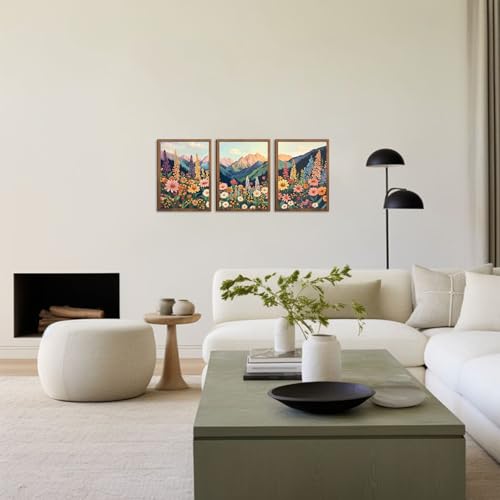Boho Flower Landscape Wall Art Set of 3, Mountain Wildflower Nature Canvas Prints, Rustic Colorful Daisy Floral Wall Decor for Living Room Bedroom Office Farmhouse Home Decor 12x16In Wood Framed - color: Colorful flowers, size: 16L" x 12W"