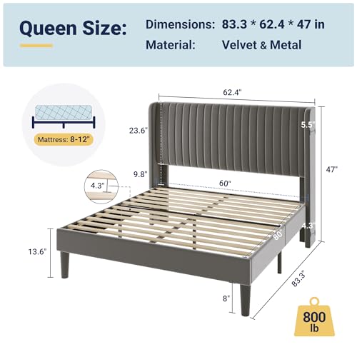 Allewie Queen Size Velvet Bed Frame/Vertical Channel Tufted Wingback Headboard/Upholstered Platform Bed/Strong Wooden Slats/No Box Spring Needed/Easy Assembly/Grey - color: Grey, size: Queen