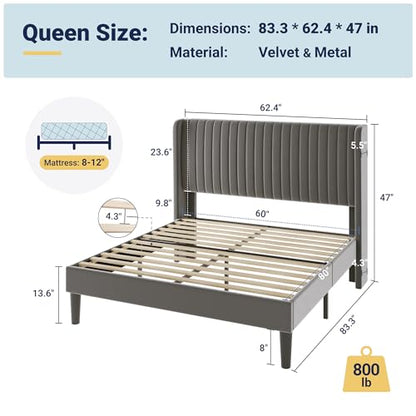 Allewie Queen Size Velvet Bed Frame/Vertical Channel Tufted Wingback Headboard/Upholstered Platform Bed/Strong Wooden Slats/No Box Spring Needed/Easy Assembly/Grey - color: Grey, size: Queen
