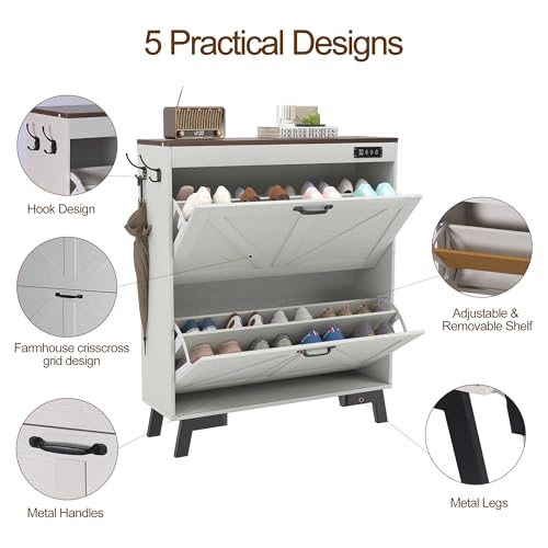 Shoe Storage Cabinet with Deodorizer, Narrow Entryway Storage, Anti-Tip | Deodorizer with 4 Modes , 2 Flip Drawers , Adjustable Shelves , Narrow White Design , Anti-Tip Kit , 9.4"D x 31.4"W - size: 38.9"H x 31.4"W x 9.4"D