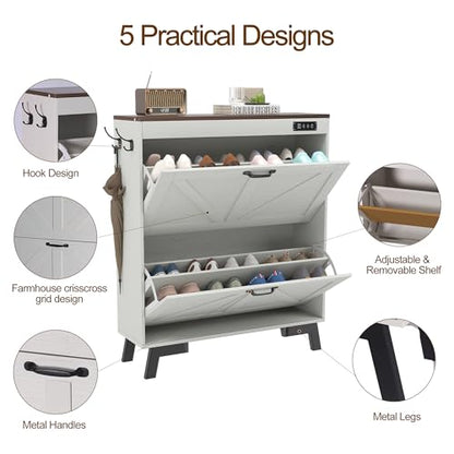 Shoe Storage Cabinet with Deodorizer, Narrow Entryway Storage, Anti-Tip | Deodorizer with 4 Modes , 2 Flip Drawers , Adjustable Shelves , Narrow White Design , Anti-Tip Kit , 9.4"D x 31.4"W - size: 38.9"H x 31.4"W x 9.4"D