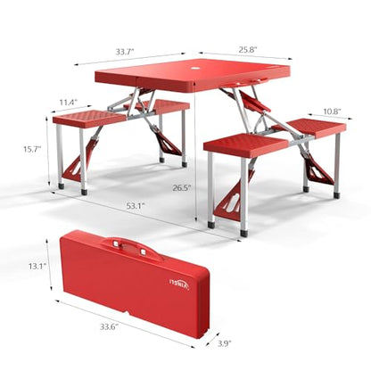 VINGLI 4 Ft Portable Folding Picnic Table Camping Table Foldable Set with 4 Seats with Umbrella Hole Suitcase Card Table-220 Lbs Support Aluminum Frame, Plastic RV Tabletop for Yard, Travel - color: Red
