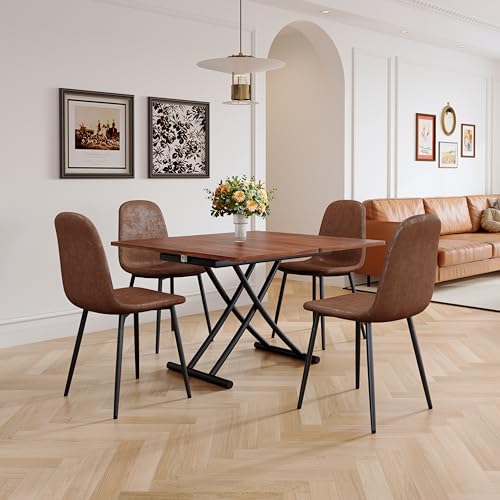 Adjustable Height Coffee Table, 4-in-1 Folding Dining Table, Walnut | Convertible lift top table for use as a coffee table, dining table, home office desk or vanity - color: Walnut & Black Legs