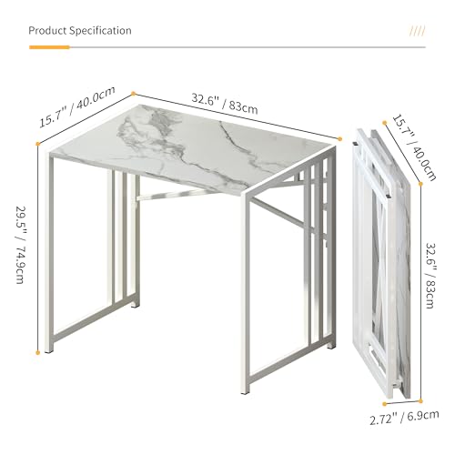 Lutown-Teen 32 inch Folding Small Desk, White Marble | Writing Gaming Computer Camping Desk for Small Spaces, No Assembly Required Home Office Desk - color: White Marble, size: 32 Inch
