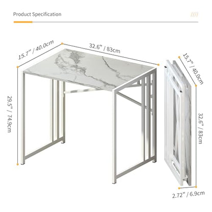 Lutown-Teen 32 inch Folding Small Desk, White Marble | Writing Gaming Computer Camping Desk for Small Spaces, No Assembly Required Home Office Desk - color: White Marble, size: 32 Inch