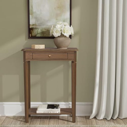 Marnie Natural Narrow Console Table for Entryway with Drawer | 23.75-inch slim hallway table with lower shelf, natural wood finish, French country storage furniture for small spaces - color: Brown