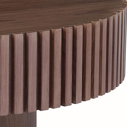 31.49'' Round Coffee Table for Living Room, Modern Wood Nesting Coffee Table Handcraft Circle Fluted Drum Coffee Table, Easy Assembly - color: Walnut, size: 31.49"x17.91"x13.77"