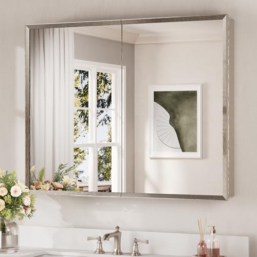 Keonjinn Large Medicine Cabinet Mirror 40 x 32 Inch, Brushed Nickel, 2 Door | Assembly Required, Stepless Adjustable Shelves, Waterproof Aluminum Rust-Resistant, Tempered Glass, Surface Mount or Recessed - color: Brushed Nickel, size: 40x32 In