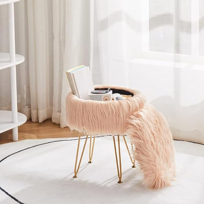 Faux Fur Storage Ottoman Round Furry Vanity Stool Marble Grain Tray Coffee Table Compact Footrest Stool with 4 Metal Legs Soft Makeup Seat Foot Stools Living Room Bedroom Entryway Champagne - color: Champagne