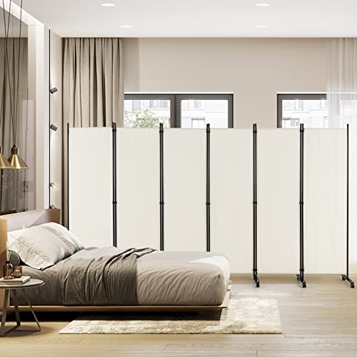 NAFORT 6 Panel Folding Room Divider for Room Separation, Freestanding Privacy Screen with Lockable Universal Wheels, Fabric Wall Partition Screen for Living Room, Bedroom, Office, White - color: White