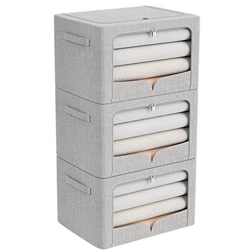 FHSQX 3 Pack Clothes Storage Bins - Foldable Metal Frame Storage Box - Stackable Linen Fabric Container Organizer Set with Carrying Handles and Clear Window (Light Gray, 15.7x11.8x7.8inch(22L)) - color: Light Gray, size: 15.7x11.8x7.8inch(22L)