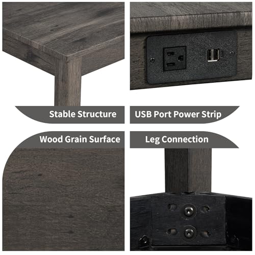 59" Counter Height Bar Table Set with Power Outlet, Industrial Breakfast Table with 3 Padded Stools, 4 Piece Bar Table and Chairs Set for Living Room, Dining Room, Dark Gray - color: R1-dark Gray