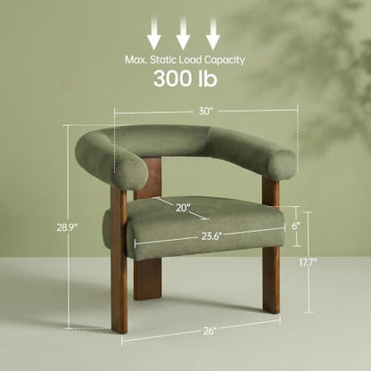 VKNOW Barrel Accent Chair, Vanity Chair with Armrests and Walnut Wood Legs | Mid Century Modern Upholstered Living Room Chairs with Open Back, Faux Mohair Fabric, for Living Room, Bedroom, Green - color: Green(walnut Legs), size: Set of 1