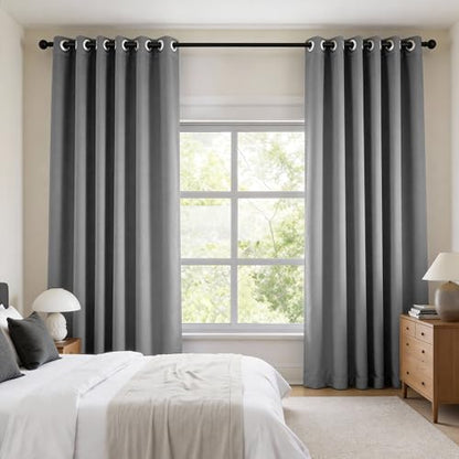 KangBang Full Blackout Linen Grey Curtains 63 Inch Length 2 Panels | Lightweight, Grommet, Thermal Insulated, Soundproof, Privacy Protection, Double-sided Linen, Small Window Fit, 52x63 Inch - color: Grey, size: 52"W x 63"L (Pack of 2)