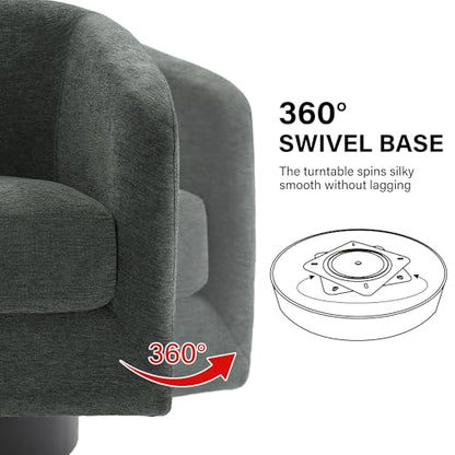 Swivel Barrel Accent Chair, Comfy Reading Armchair, Dark Grey, Set of 1 | Club Chairs for Adults, Low-Back Design, Modern Round Style, Solid Wood Frame & Metal Swivel Base, For Living Room & Bedroom - color: Dark Grey