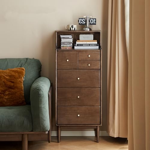 100% Solid Wood Nightstand, 6 Drawer Tall Side Table with Open Shelf, Slim End Table for Small Space, Bedroom Living Room Hallway,(Walnut, 16" W x 11" D x 47" H) - color: Walnut-16"h