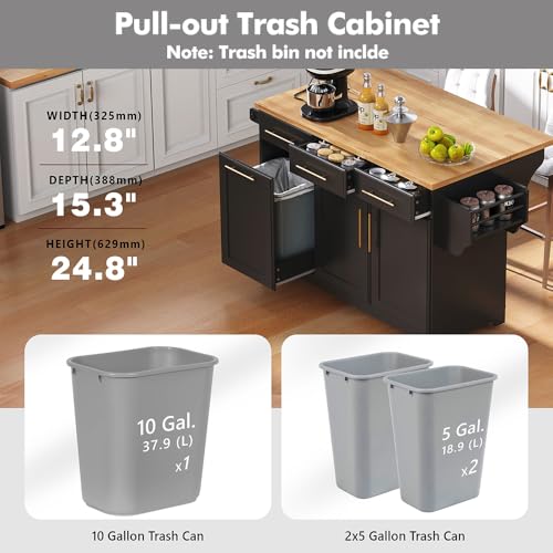 59.3" Rolling Kitchen Island with Trash Can Storage, Mobile Kitchen Storage Island with Drop Leaf, Power Outlet, Pull Out Cabinet Organizer (Black) - color: Black