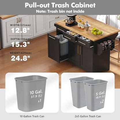 59.3" Rolling Kitchen Island with Trash Can Storage, Mobile Kitchen Storage Island with Drop Leaf, Power Outlet, Pull Out Cabinet Organizer (Black) - color: Black