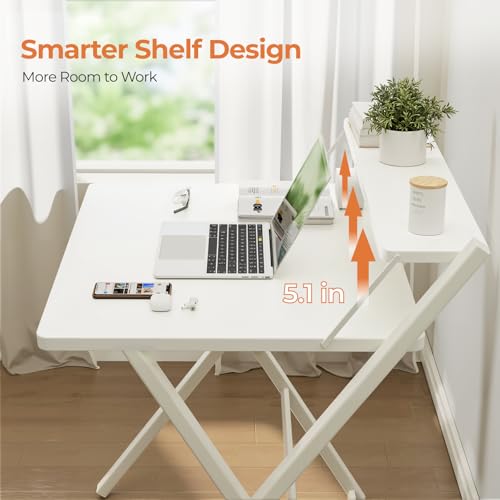 GreenForest Folding Desk No Assembly Required Large Size, 2-Tier Foldable Computer Desk with Shelf for Home Office, Space Saving Portable Laptop Study Foldable Table for Bedroom, White | Portable Foldable Table for Laptop, 2-Tier Compact with Shelf, Space