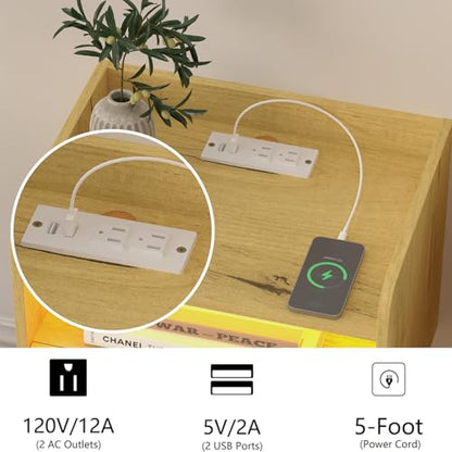 Veegle Floating Nightstand with Charging Station and LED Lights (Yellow Oak) - color: Yellow Oak