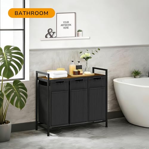 Laundry Hamper with Shelf, Laundry Basket with 3 Pull-Out Removable Bags, 3x 10.6 Gallons(120L), Metal Frame, Lockable Wheels, for Laundry Room and Bedroom - color: Black and Rust (3 Bags 120L)