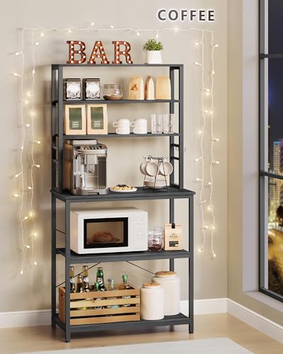 VASAGLE Coffee Bar, 31.5 Inches 6-Tier Baker's Rack with 6 Hooks | Modern Basic Microwave Stand, 31.5 x 15.8 x 65.8 Inches, Charcoal Gray and Ink Black, BARNET Collection UKKS019B22 - color: Charcoal Gray + Ink Black, size: 31.5"W, style: No Power Outlet
