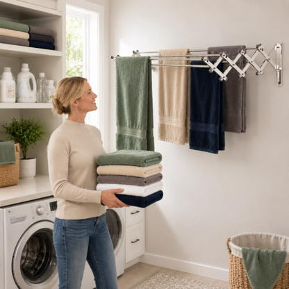 Wall Mounted Clothes Drying Rack | Adjustable to Fit Your Space | 20 Linear Feet Drying Capacity | 8 Stainless Steel Rods | 60 lb Capacity | Fully Assembled | Compact Space-Saving Design