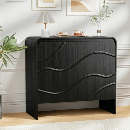 Godchoices 31.5'' Small Sideboard Buffet Cabinet with Storage,Modern Farmhouse Accent Credenza with Wavy Doors & Adjustable Shelf, Console Cabinet for Kitchen,Living Room,Dining Room,Entryway,Hallway - color: Black